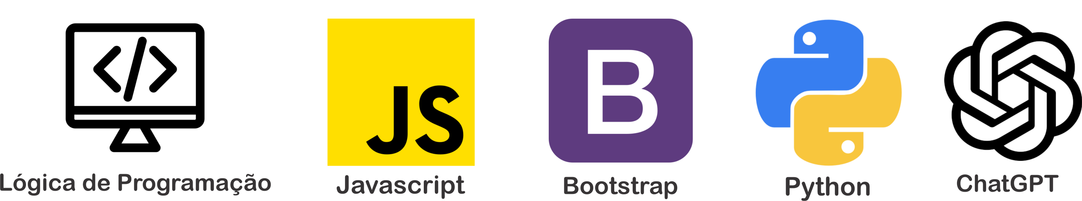 Imagem - Módulos do Curso:Lógica de Programação, Javascript, Bootstrap, Python e ChatGPT